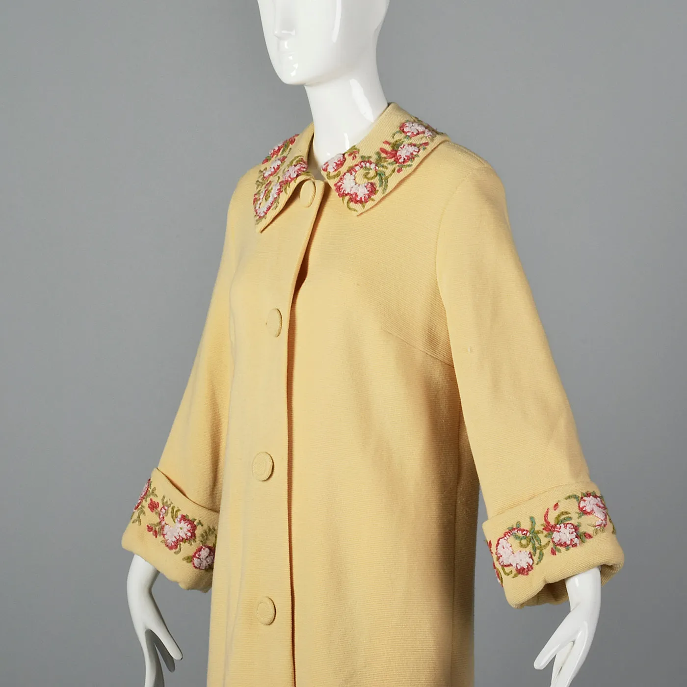 1960s Cream Knit Coat with Floral Embroidery Trim