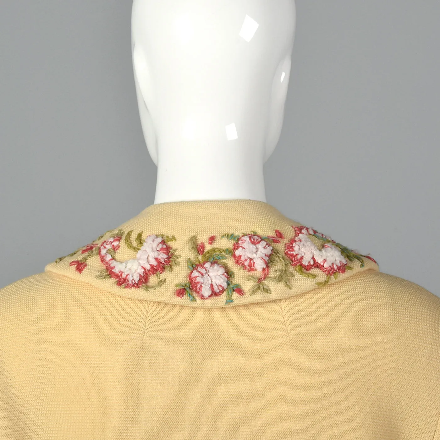 1960s Cream Knit Coat with Floral Embroidery Trim