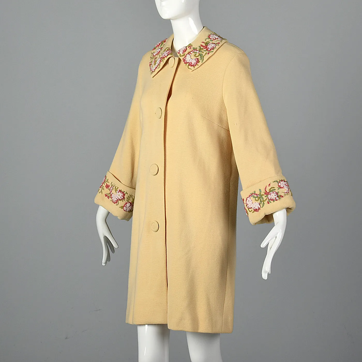 1960s Cream Knit Coat with Floral Embroidery Trim