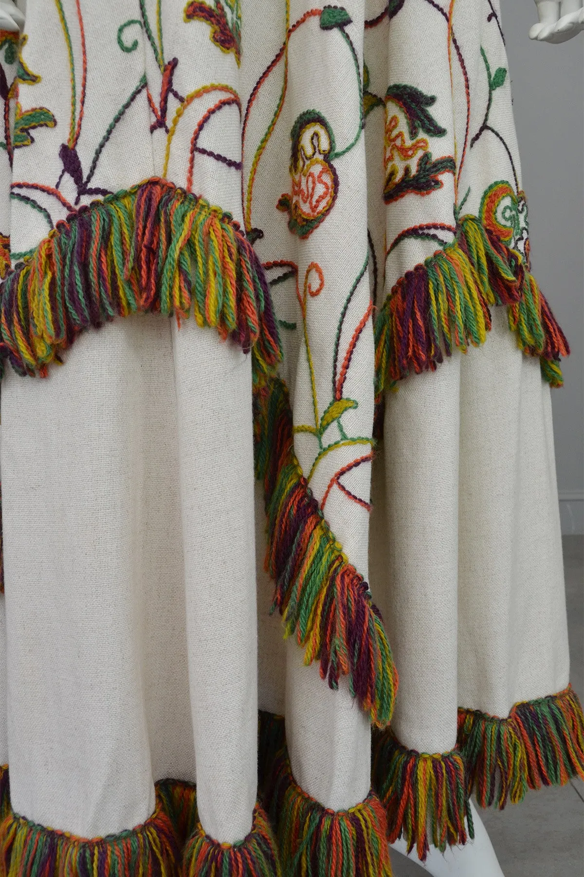 1970s Vintage Yarn Embroidered & Fringe Maxi Dress Chevron Panels Hippie Chic