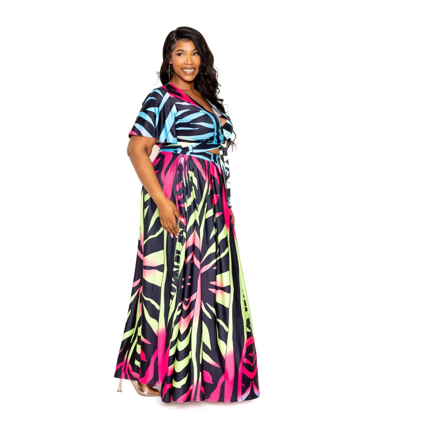 2 Piece Plus-size Ombre Zebra Print Maxi Skirt & Crop Top Set