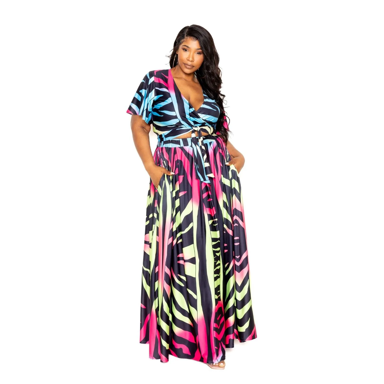 2 Piece Plus-size Ombre Zebra Print Maxi Skirt & Crop Top Set