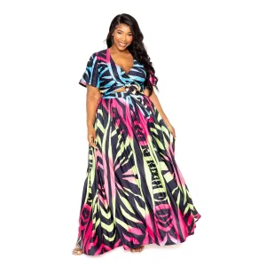 2 Piece Plus-size Ombre Zebra Print Maxi Skirt & Crop Top Set