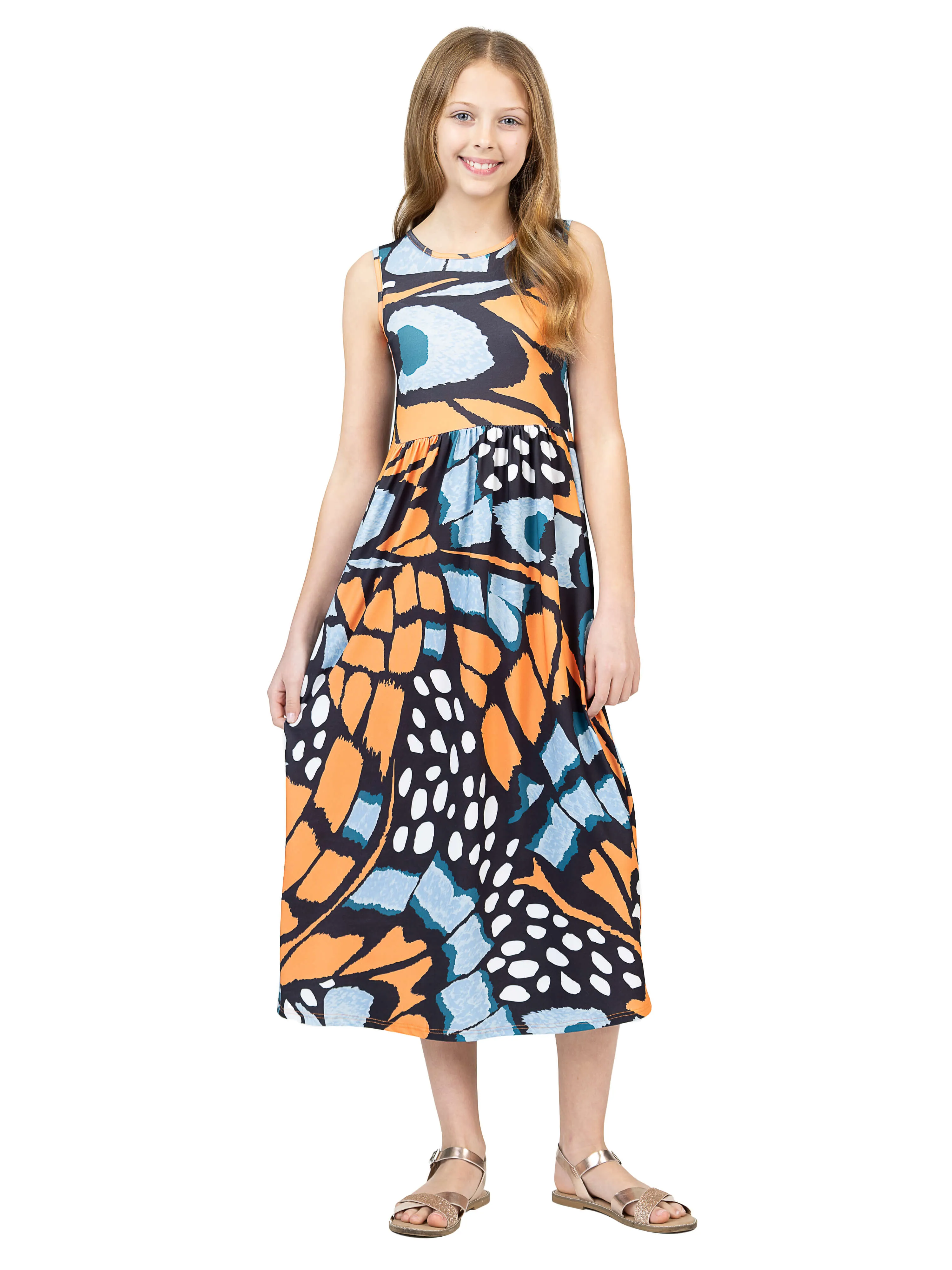 24sevenkid Girls Orange Butterfly Print Sleeveless Pocket Maxi Dress