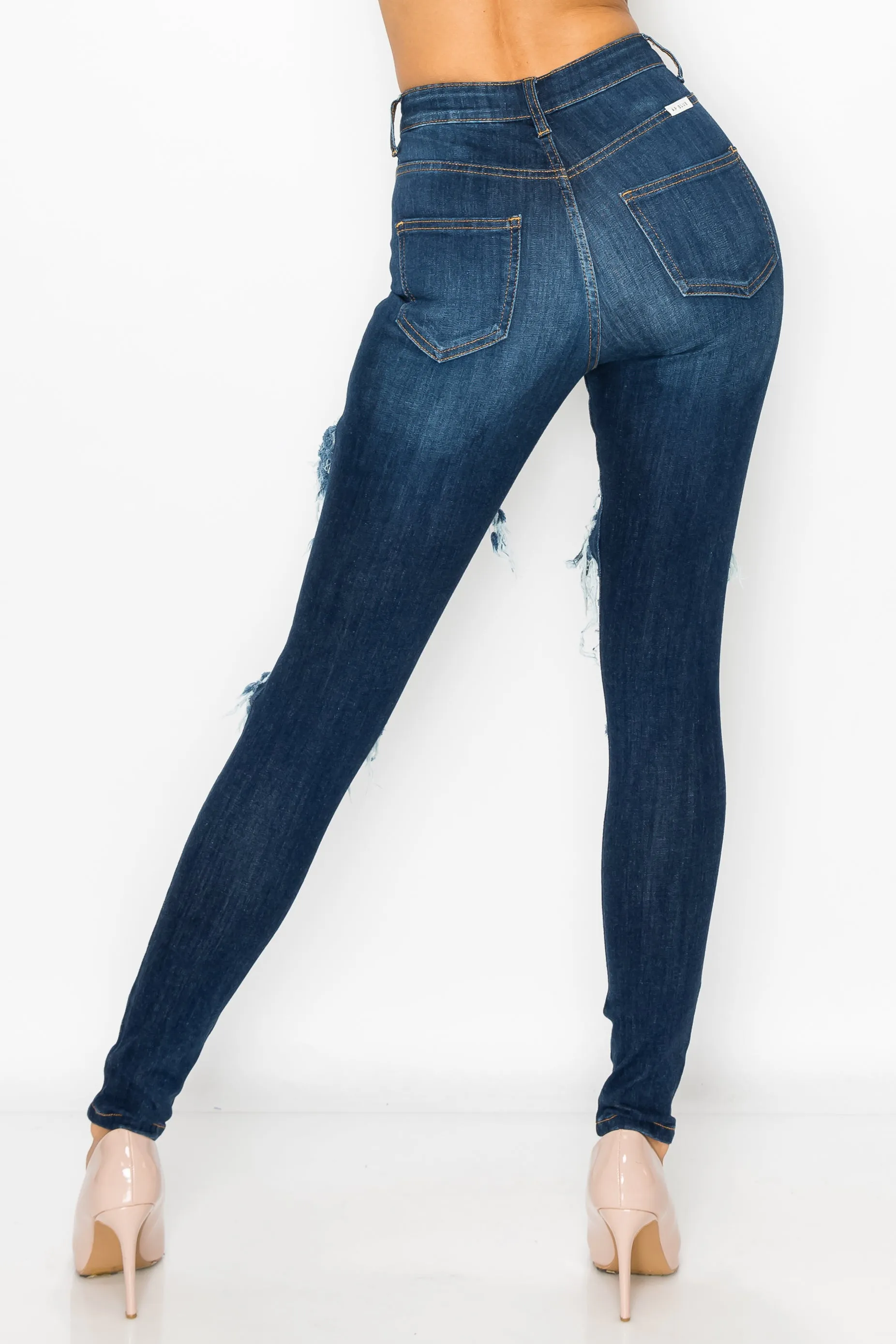 40292 Women's High Waisted Distressed Skinny Jeans with Whiskers