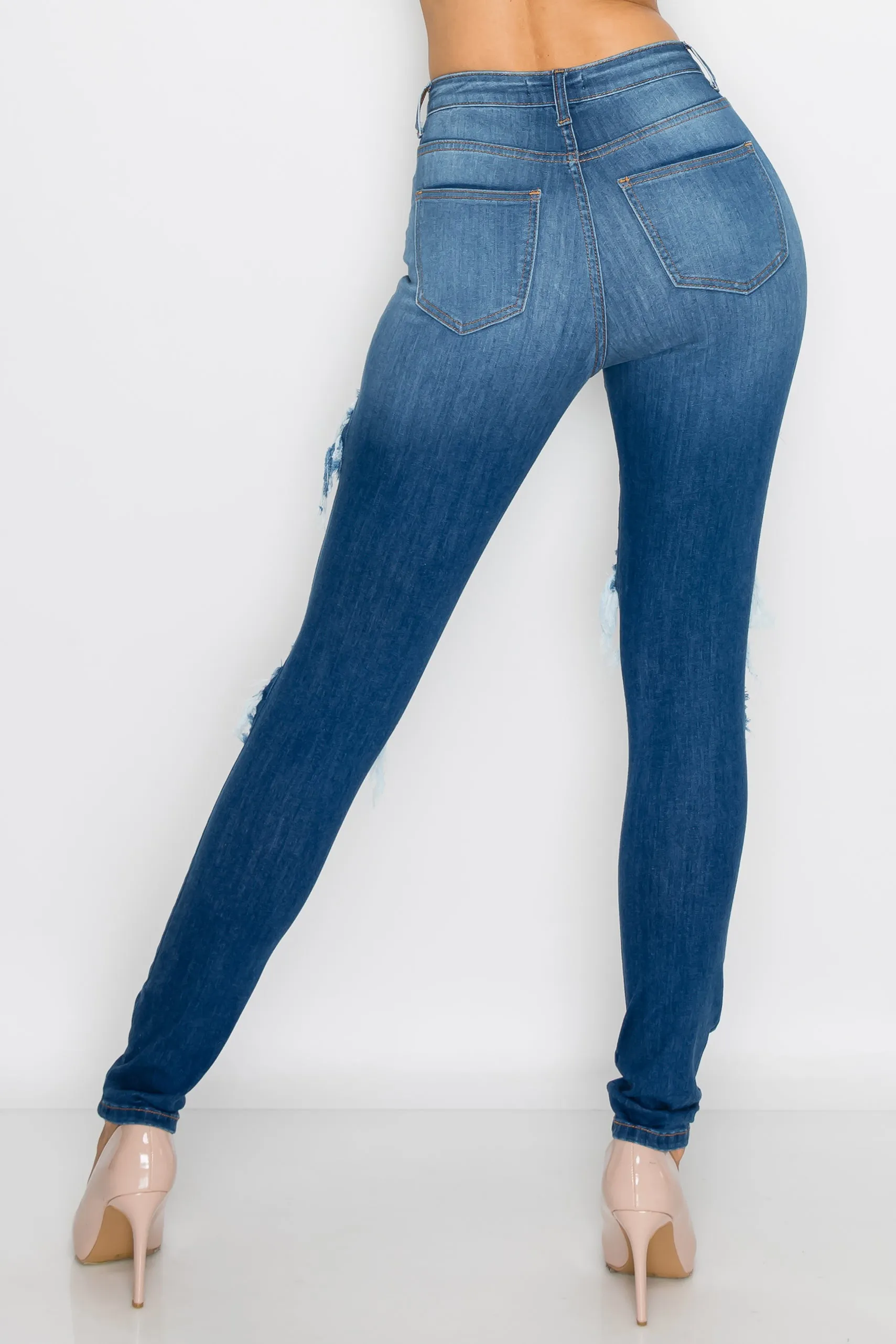 40292 Women's High Waisted Distressed Skinny Jeans with Whiskers