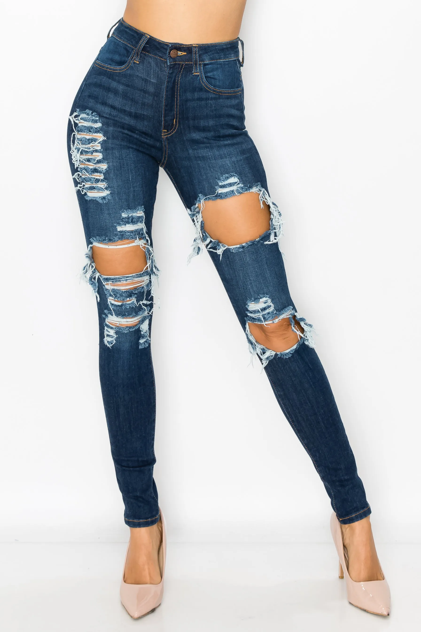 40292 Women's High Waisted Distressed Skinny Jeans with Whiskers