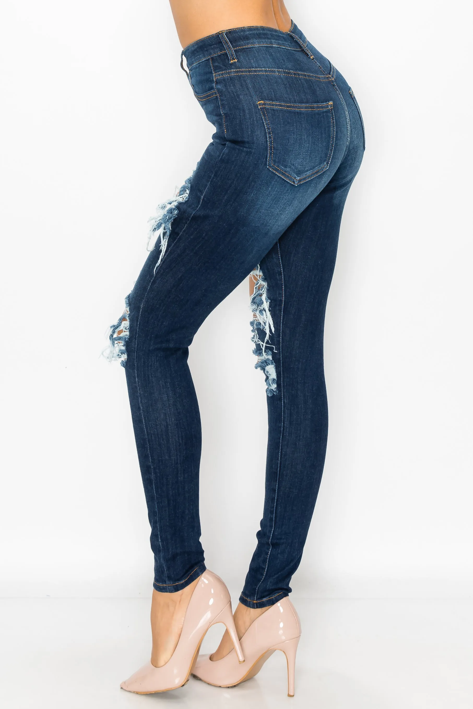 40292 Women's High Waisted Distressed Skinny Jeans with Whiskers