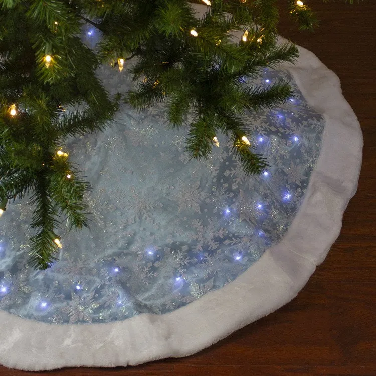 48" Blue Iridescent Glittered Snowflakes LED Lighted Christmas Tree Skirt