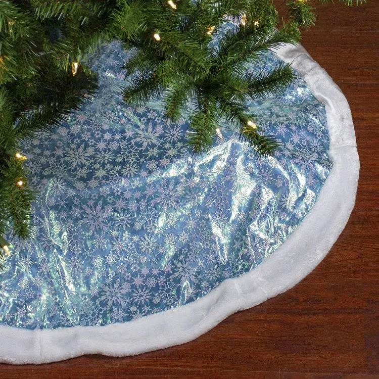 48" Light Blue Iridescent Mesh Glittered Snowflakes Christmas Tree Skirt