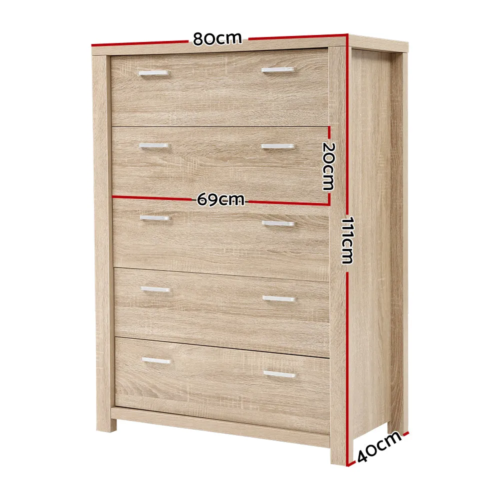 5 Spacious Drawers Tallboy, Oak Finish, Artiss MAXI