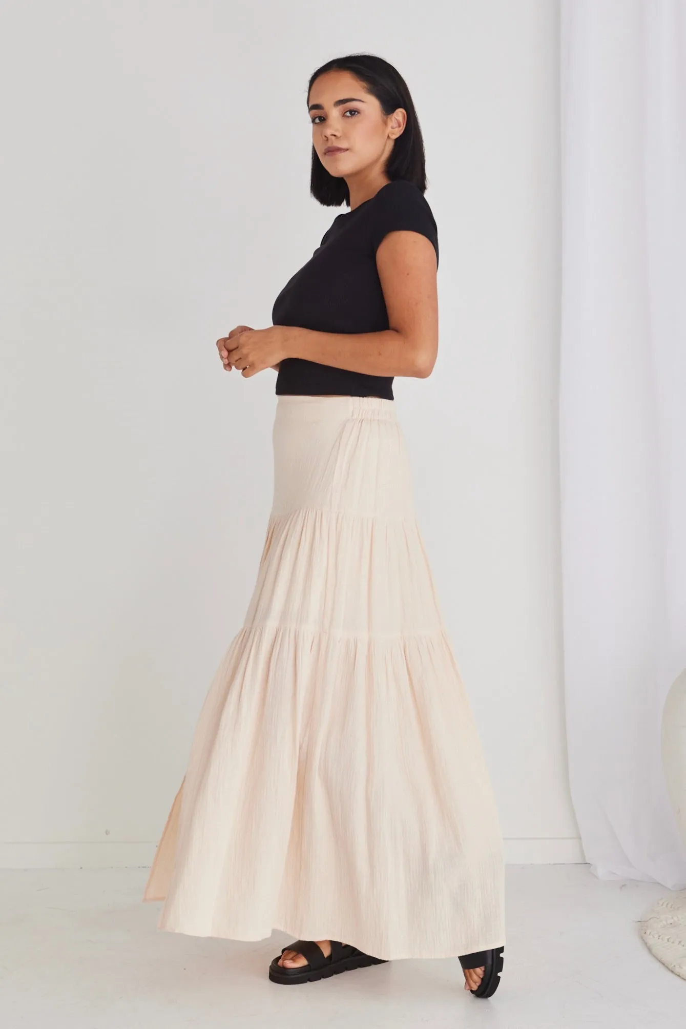 Alive Cream Muslin Elastic Back Tiered Maxi Skirt