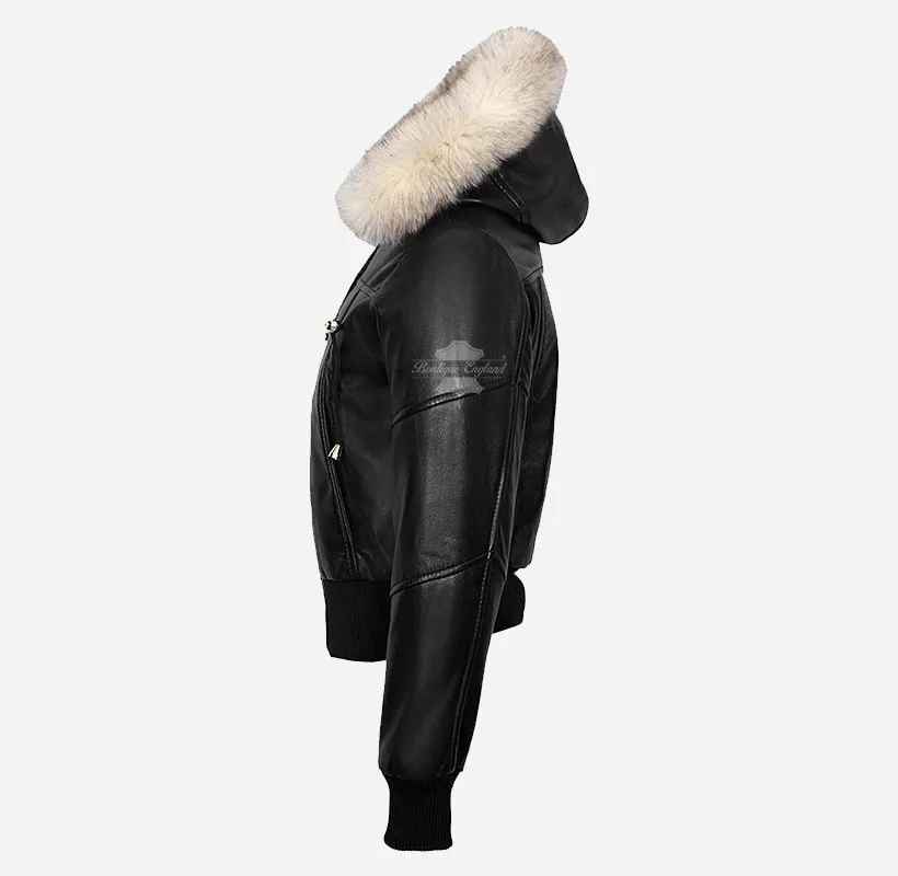 ALPINE Ladies Leather Bomber Jacket With Detachable Fur Hood