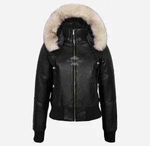 ALPINE Ladies Leather Bomber Jacket With Detachable Fur Hood