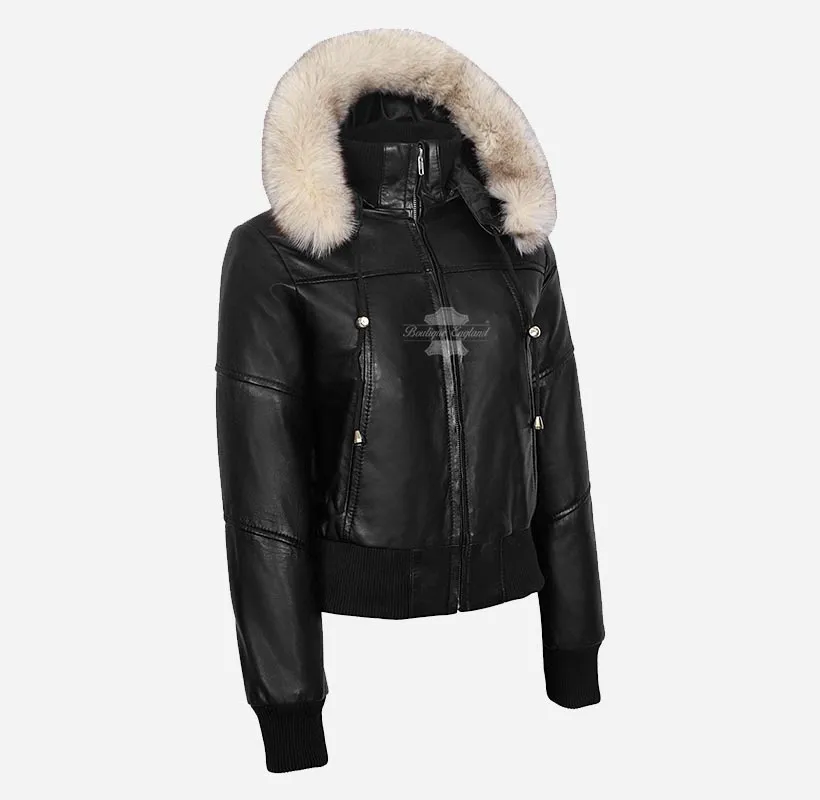 ALPINE Ladies Leather Bomber Jacket With Detachable Fur Hood