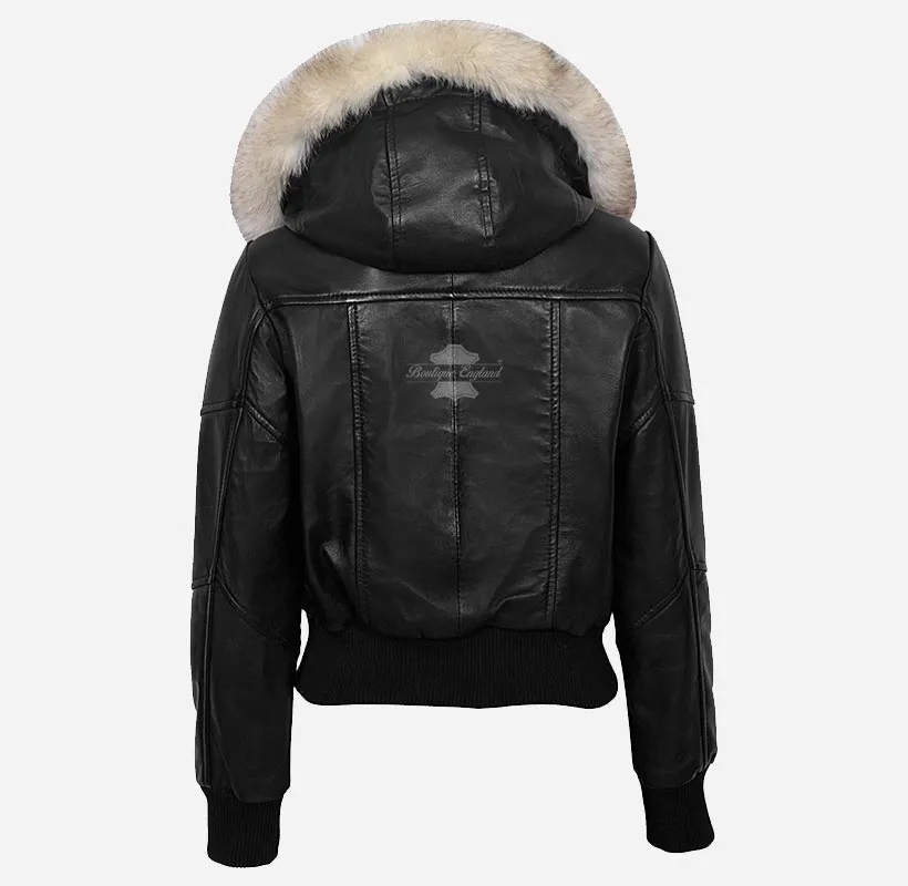 ALPINE Ladies Leather Bomber Jacket With Detachable Fur Hood