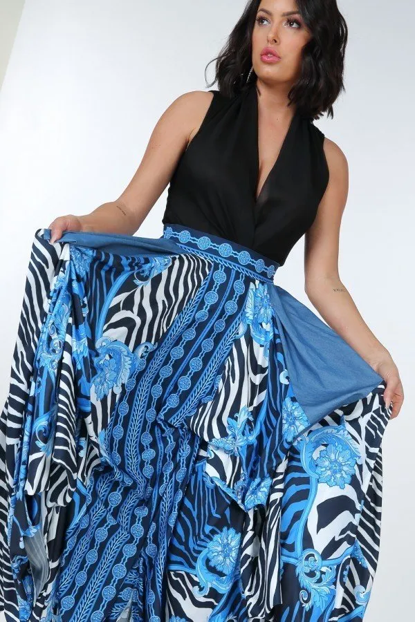 Animal Chain Print Denim Tacked Maxi Skirt In Black Gold