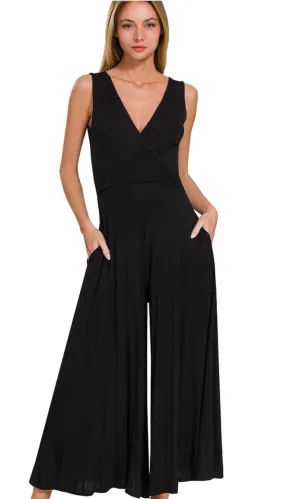 Arija Black Surplice Pocket Luxe Knit Crop Jumpsuit Romper