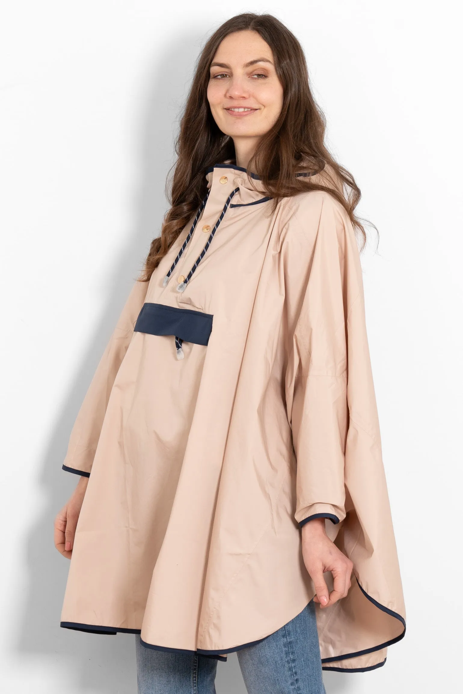 Aspen Rain Poncho - Stone/Navy Blue