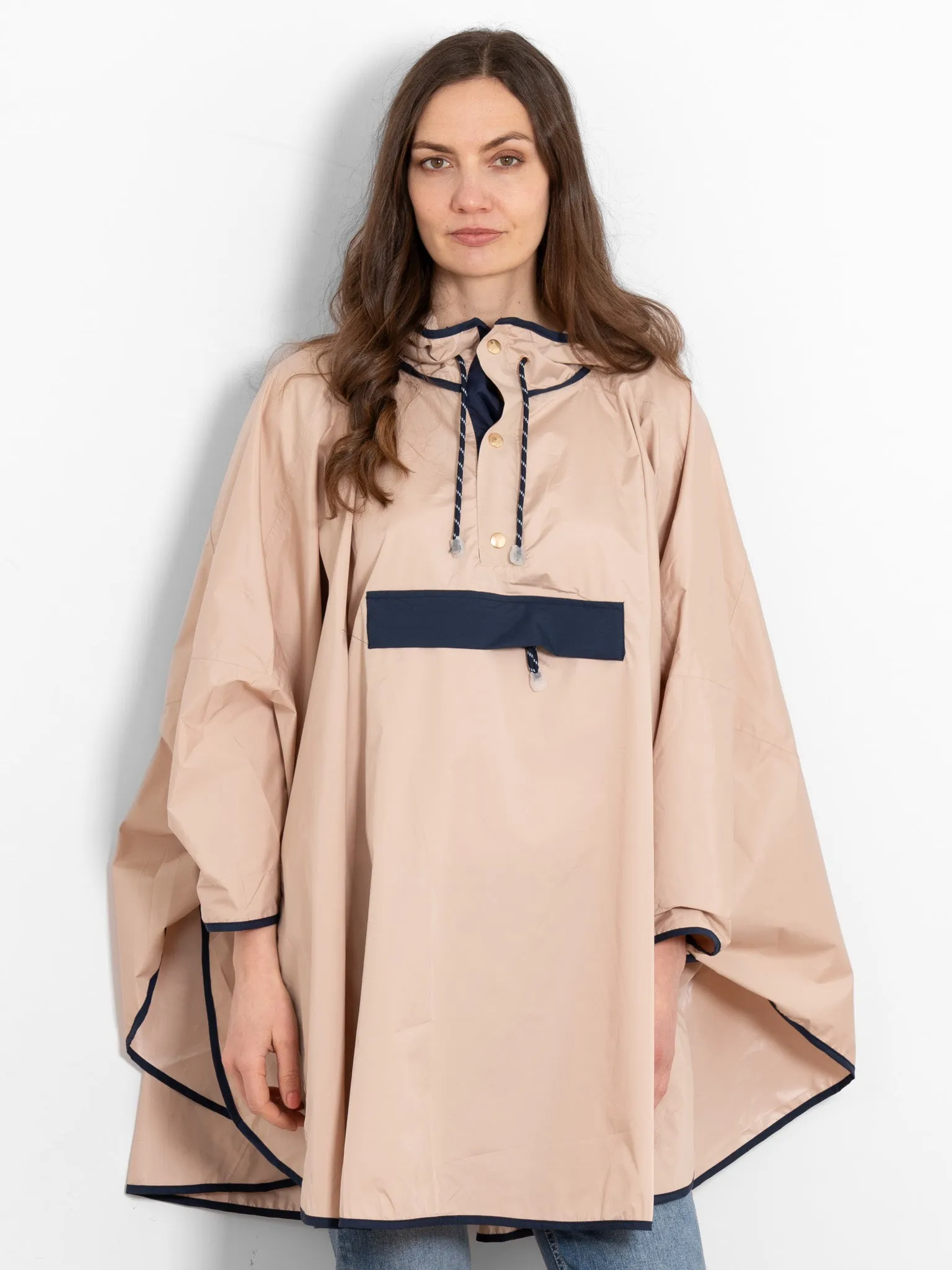 Aspen Rain Poncho - Stone/Navy Blue