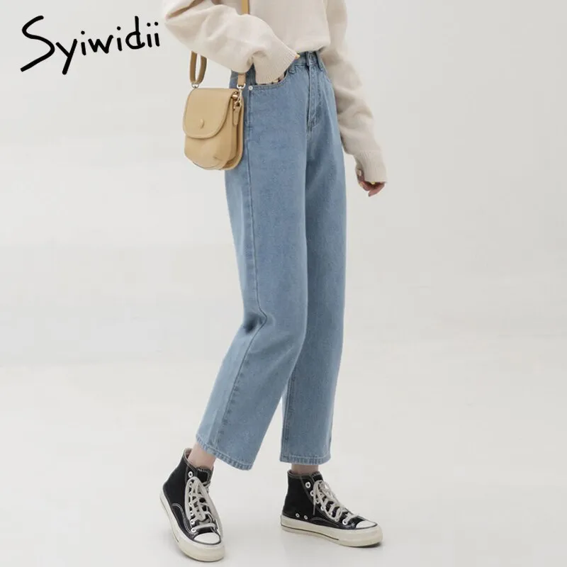 Back to College Joskaa High Waisted Jeans for Women Straight Denim Pants Sky Blue Clothes Demin Casual Vintage Streetwear 2024 Spring Fashion