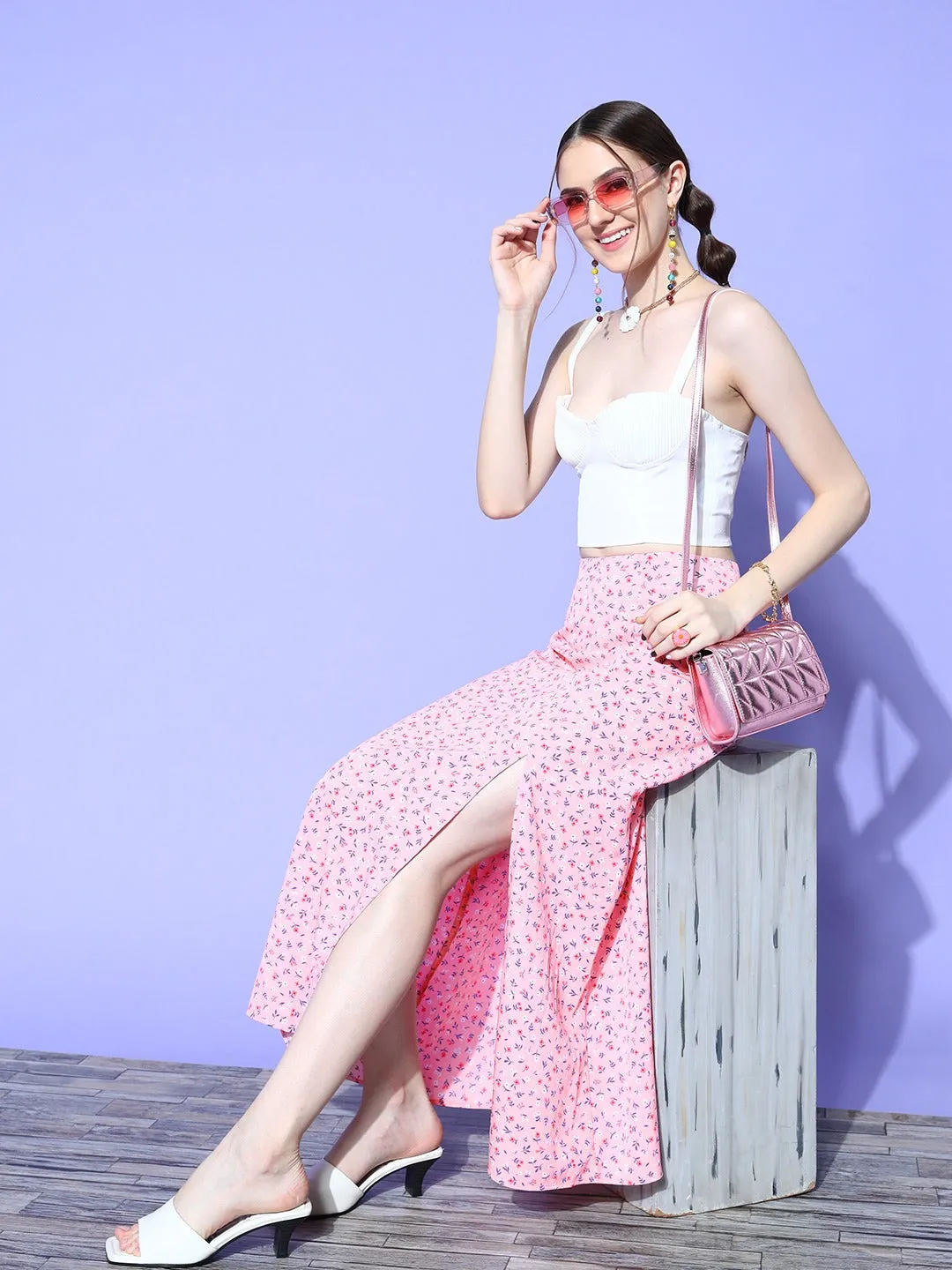 Berrylush Women Pink Floral Printed High-Rise Waist Side-Slit Flared A-Line Maxi Skirt