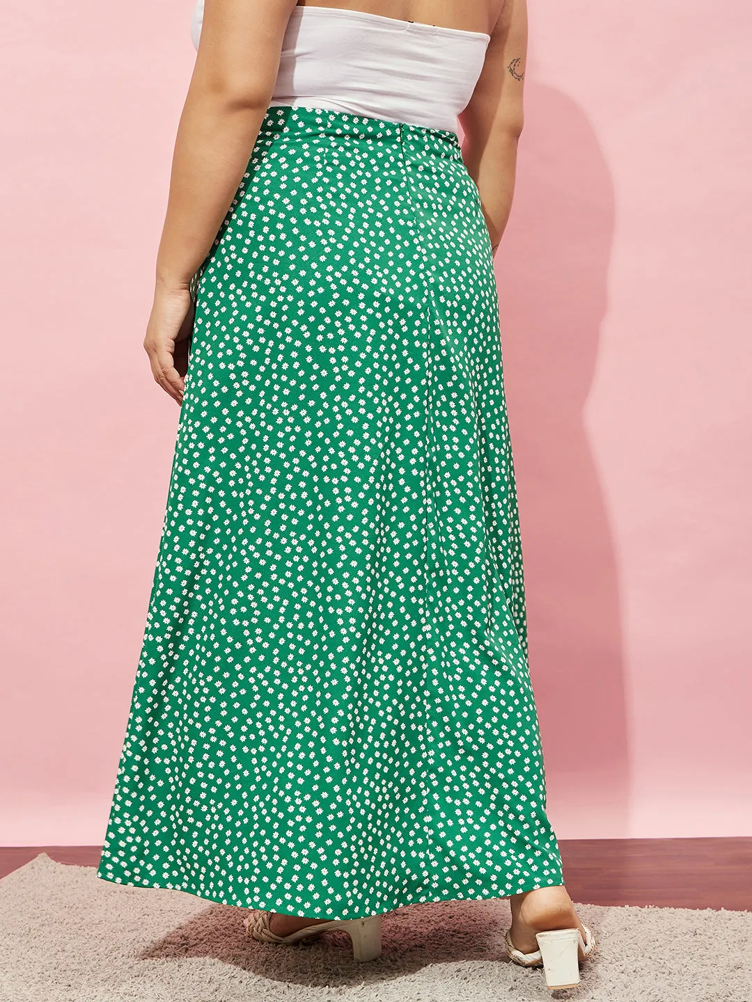 Berrylush Women Plus Size Green & White Floral Printed High-Rise Waist Thigh-High Slit Flared A-Line Maxi Skirt