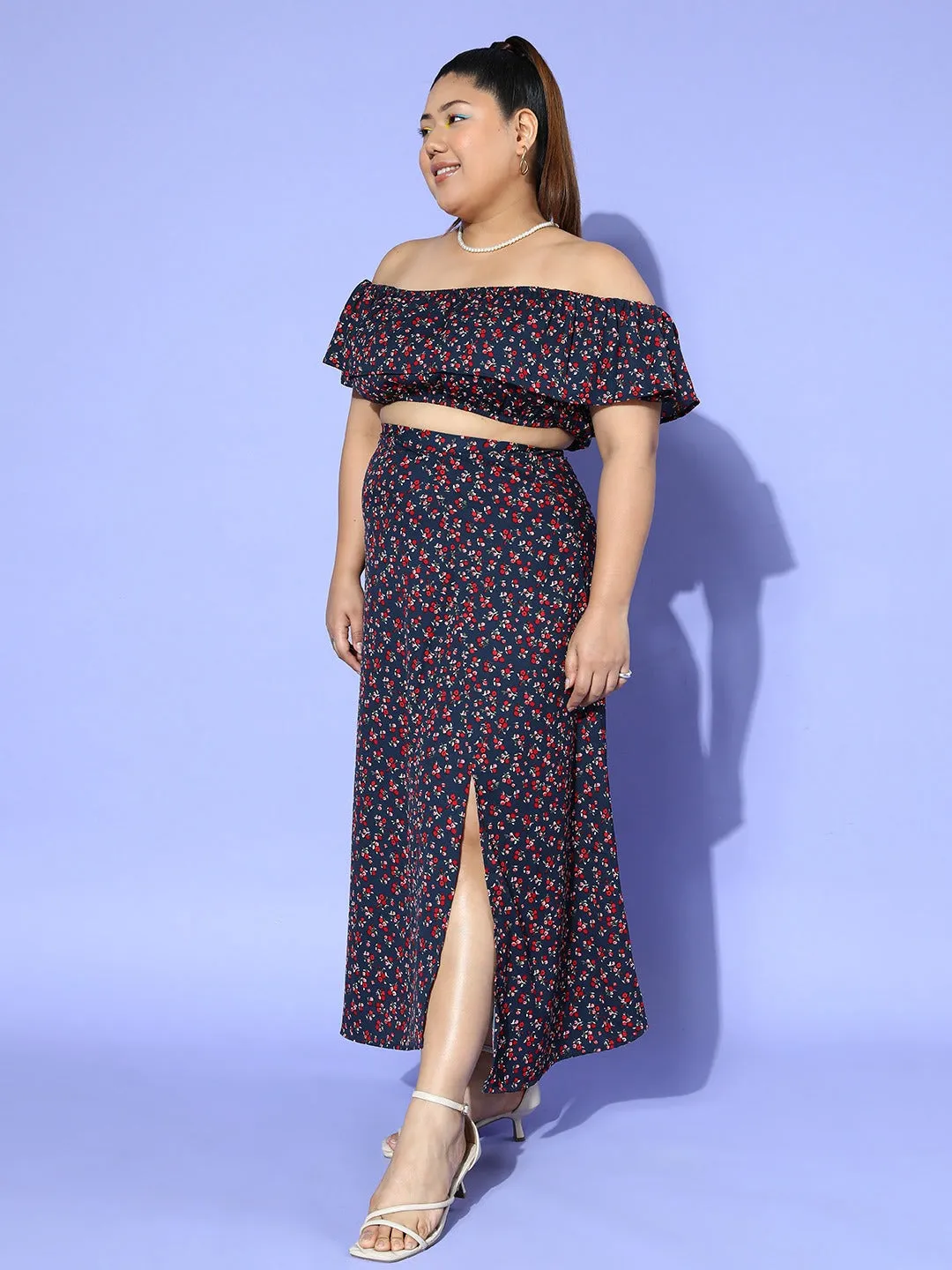 Berrylush Women Plus Size Navy Blue & Red Floral Printed Off-Shoulder Neck Crop Top & Thigh-High Slit Maxi Skirt Co-Ord Set