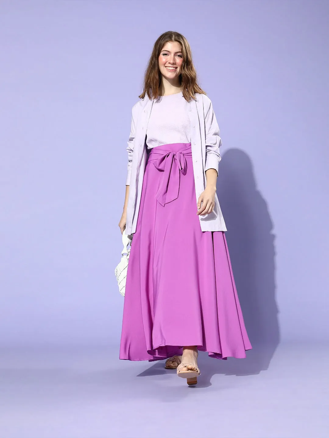 Berrylush Women Solid Purple Waist Tie-Ups Flared Maxi Skirt