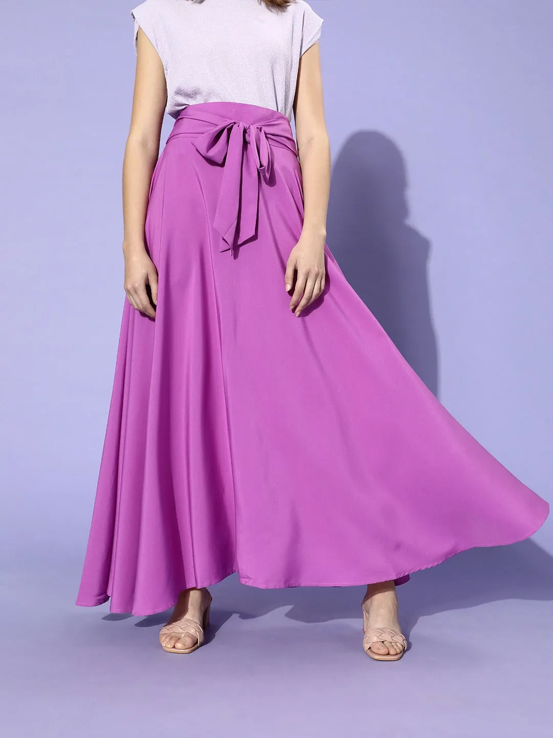 Berrylush Women Solid Purple Waist Tie-Ups Flared Maxi Skirt