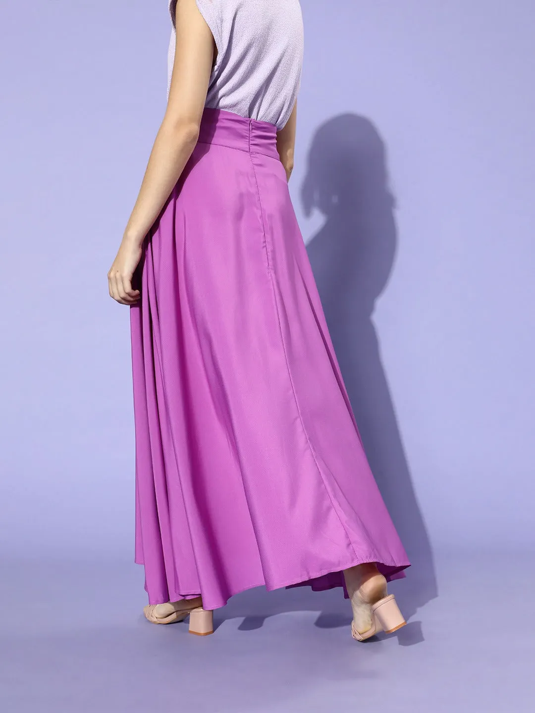 Berrylush Women Solid Purple Waist Tie-Ups Flared Maxi Skirt