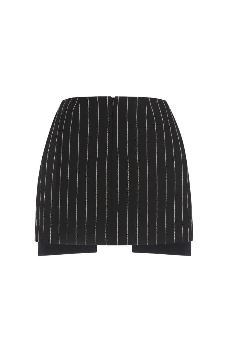 BLACK ASYMMETRICAL PINSTRIPE MINI SKIRT