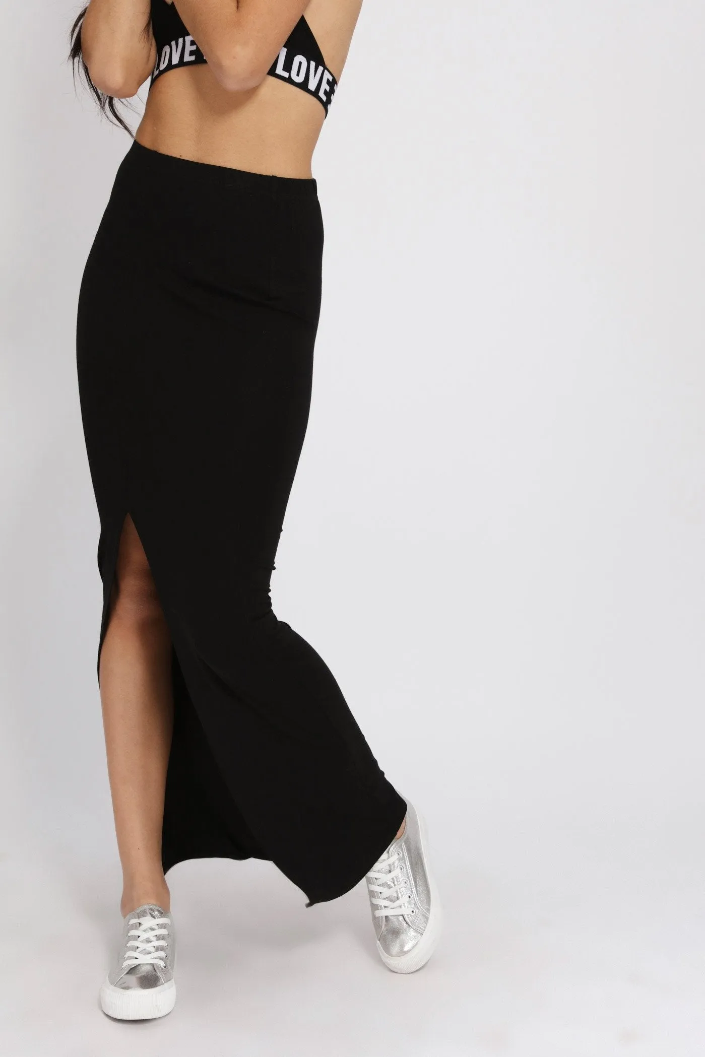 Black Front Split Maxi Skirt