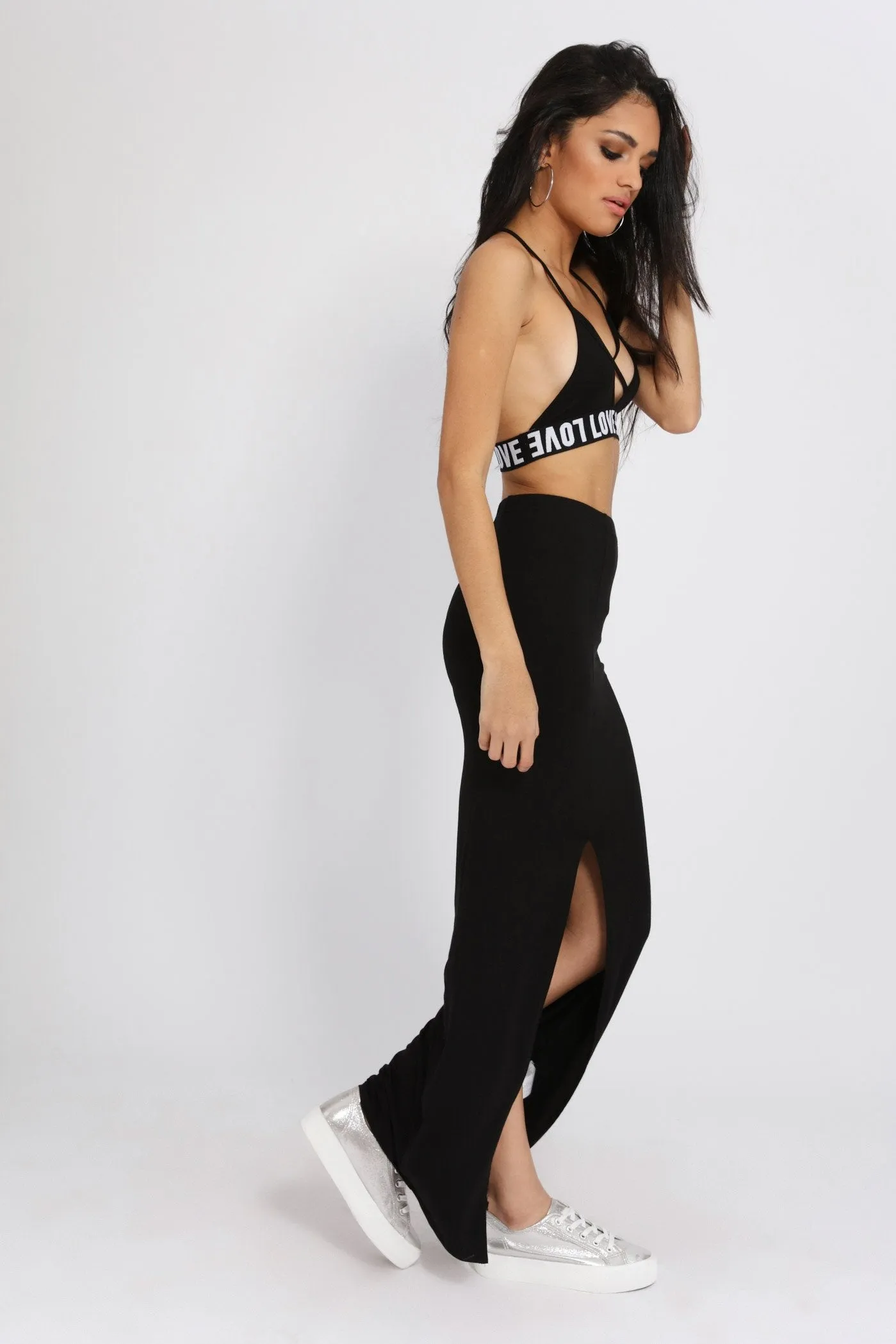 Black Front Split Maxi Skirt