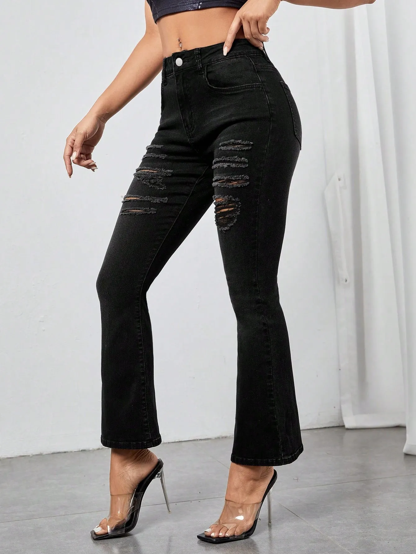 Black Ripped Flare Leg High Waist Cropped Jeans