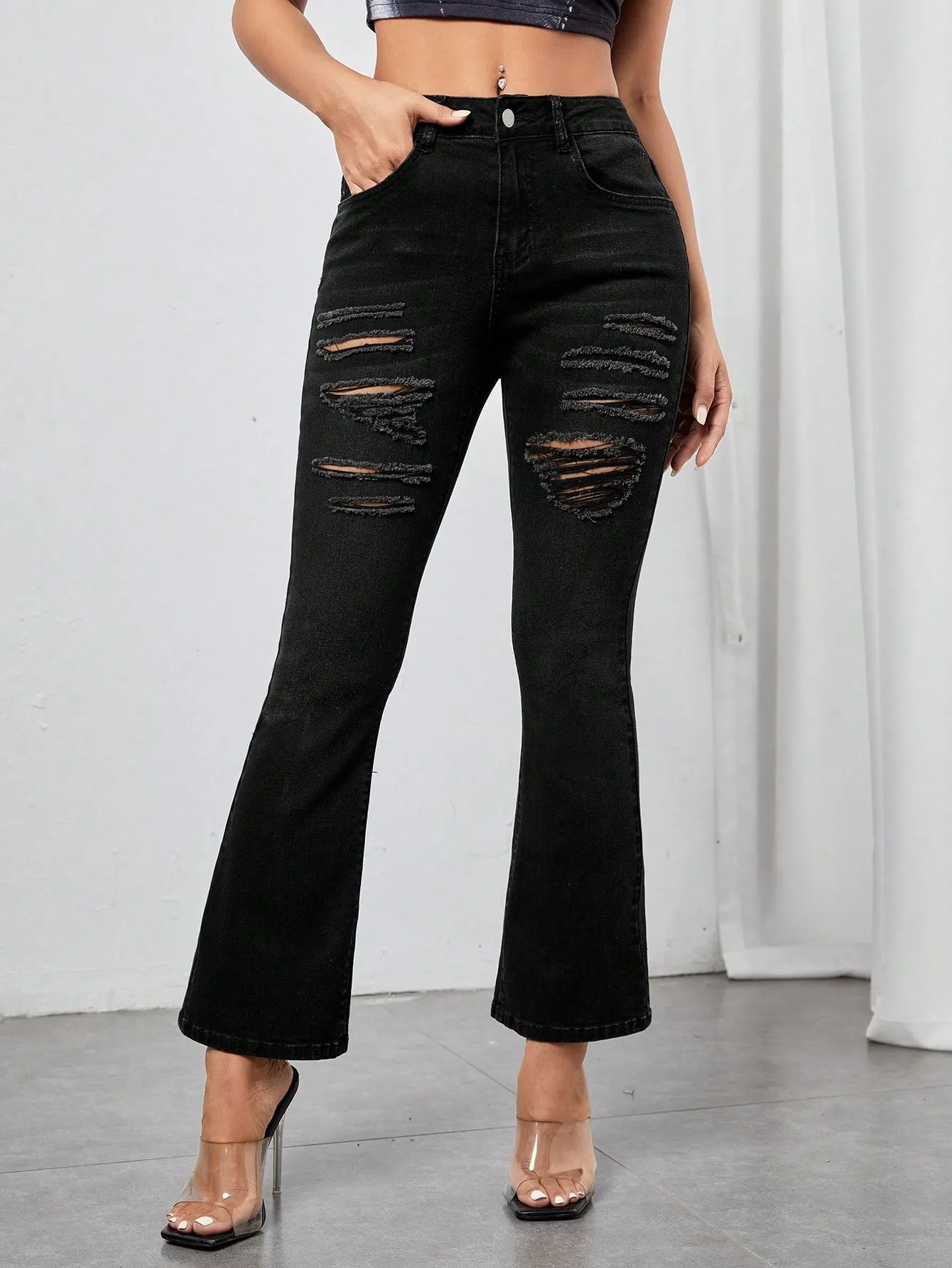 Black Ripped Flare Leg High Waist Cropped Jeans