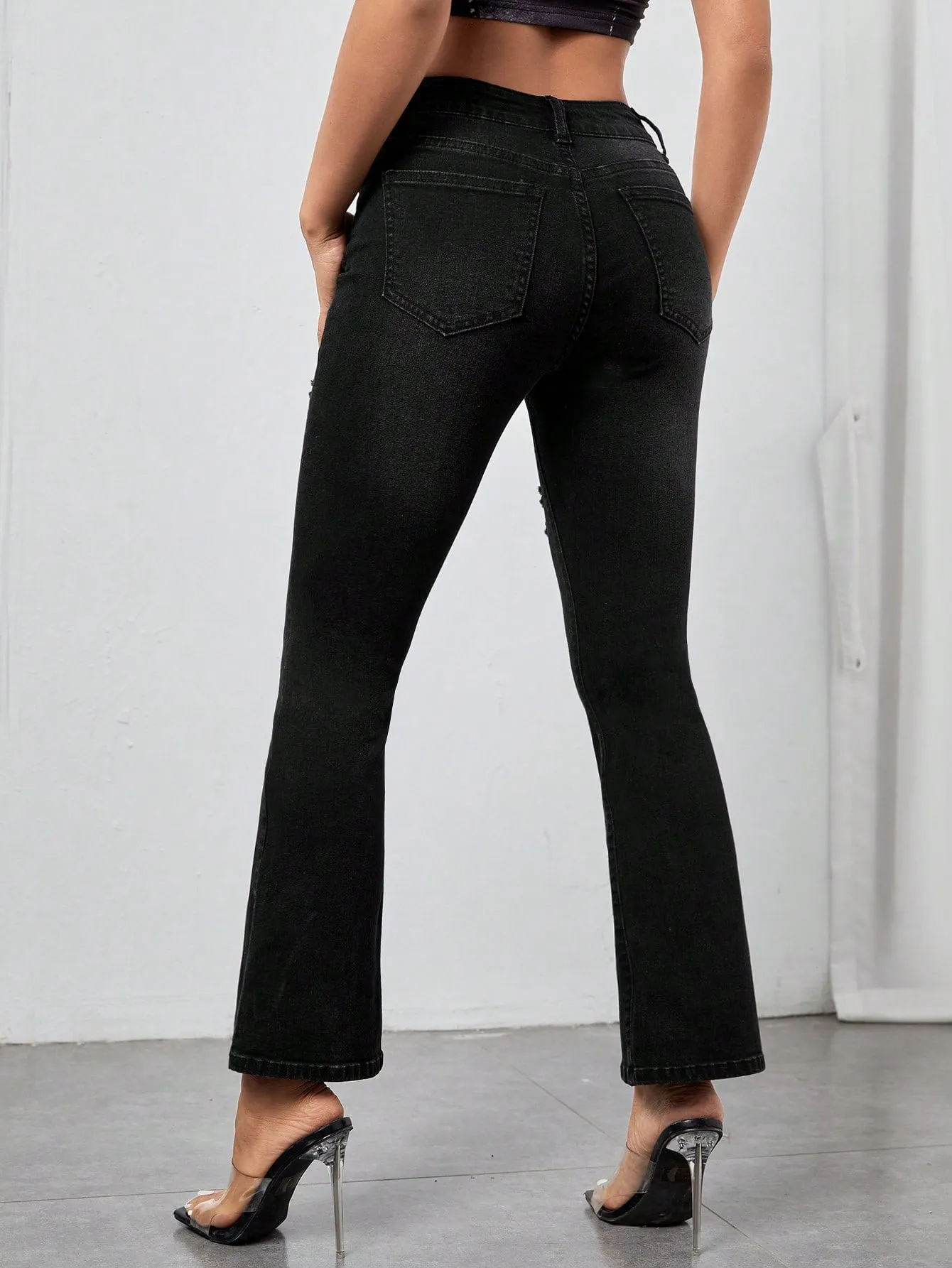 Black Ripped Flare Leg High Waist Cropped Jeans