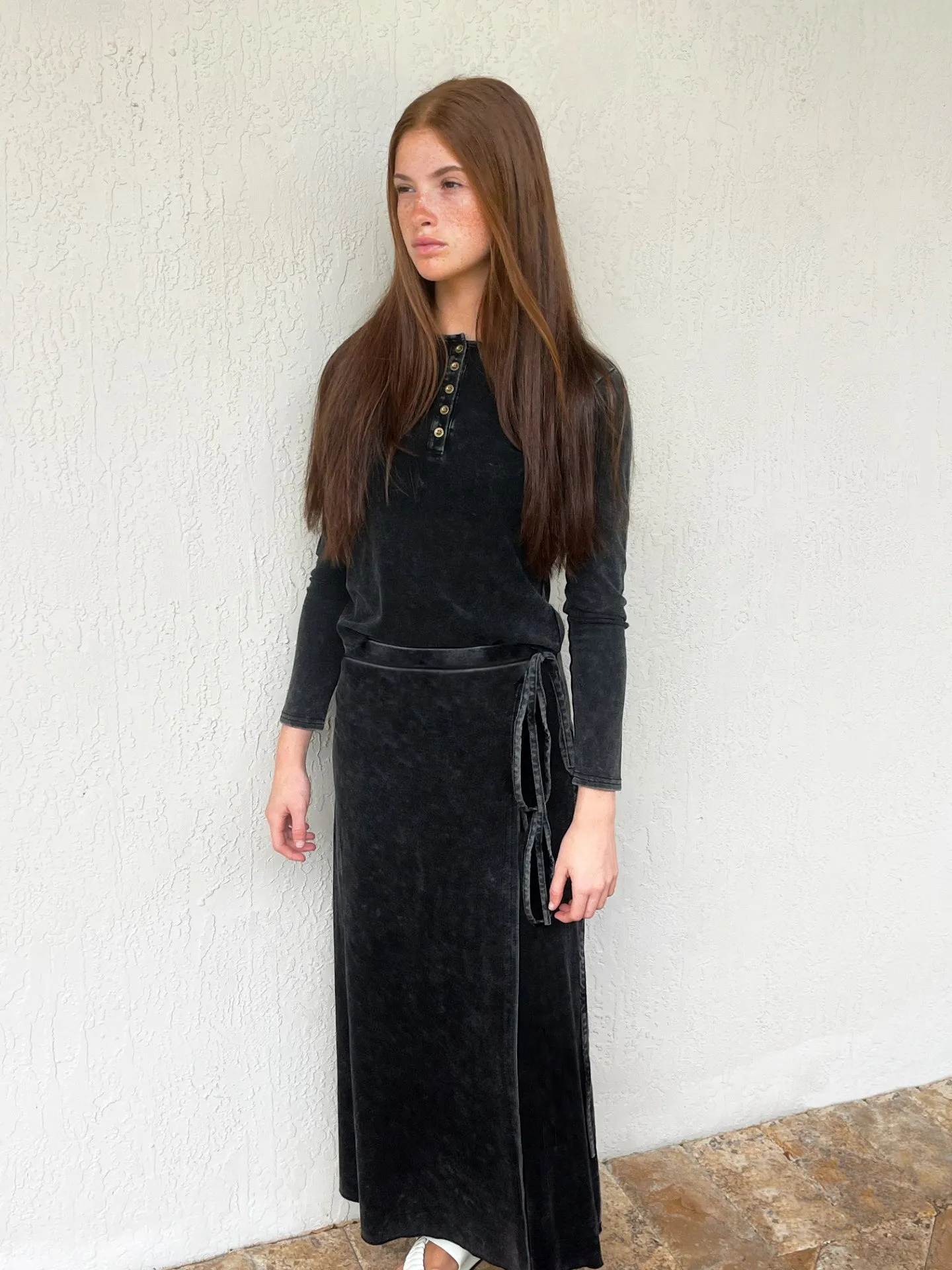 Black Stretch Denim Maxi Wrap Skirt