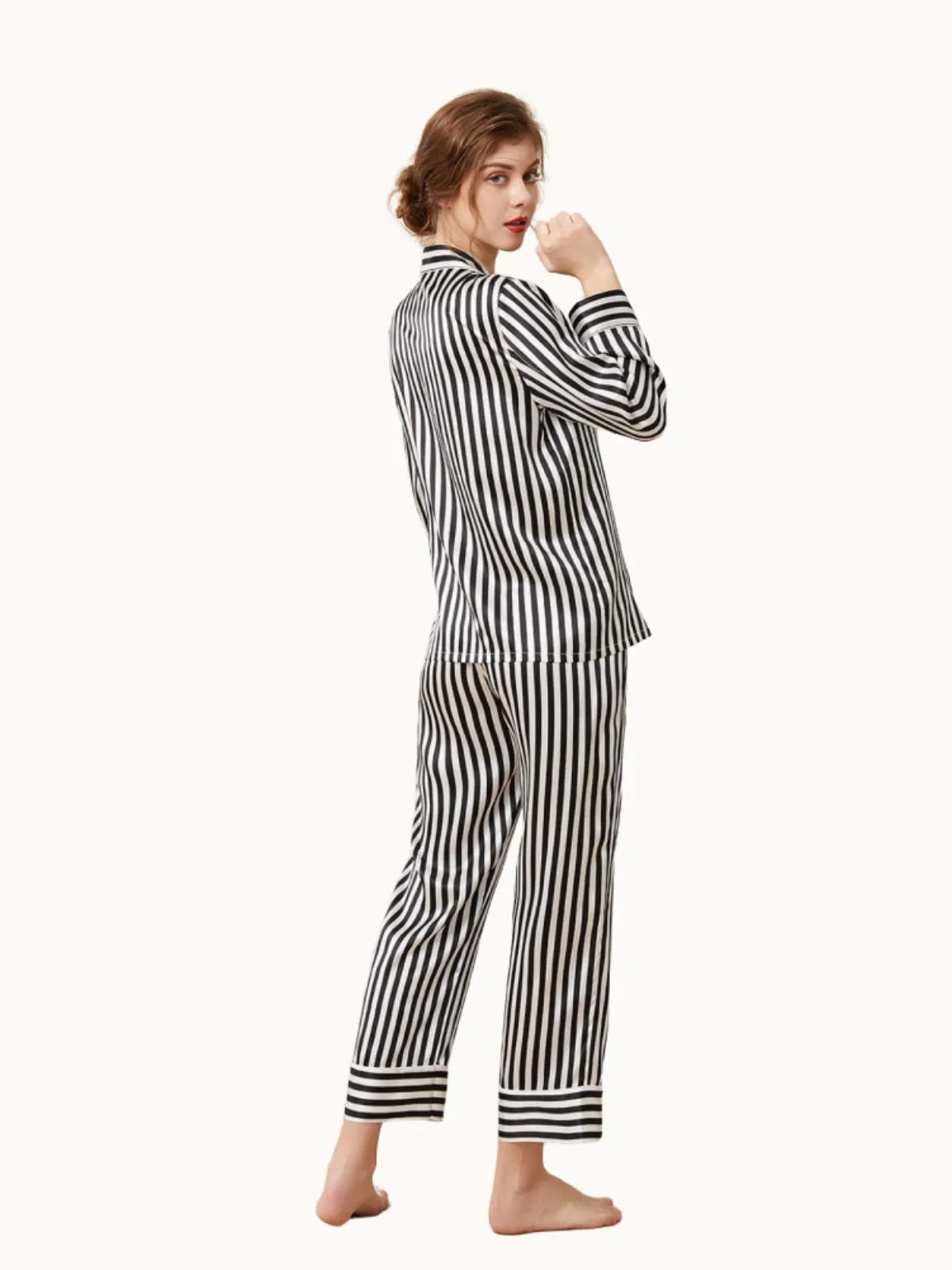 Black Striped Silk Pajamas Set for Women