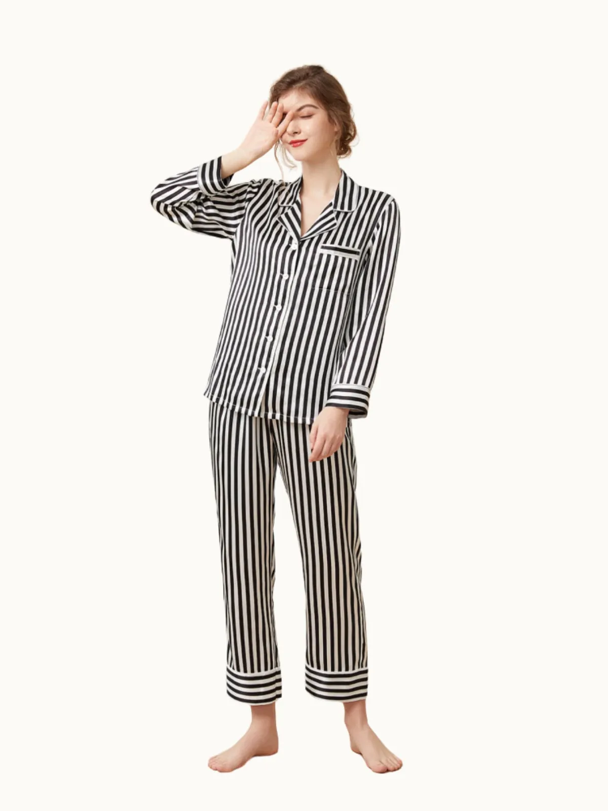 Black Striped Silk Pajamas Set for Women