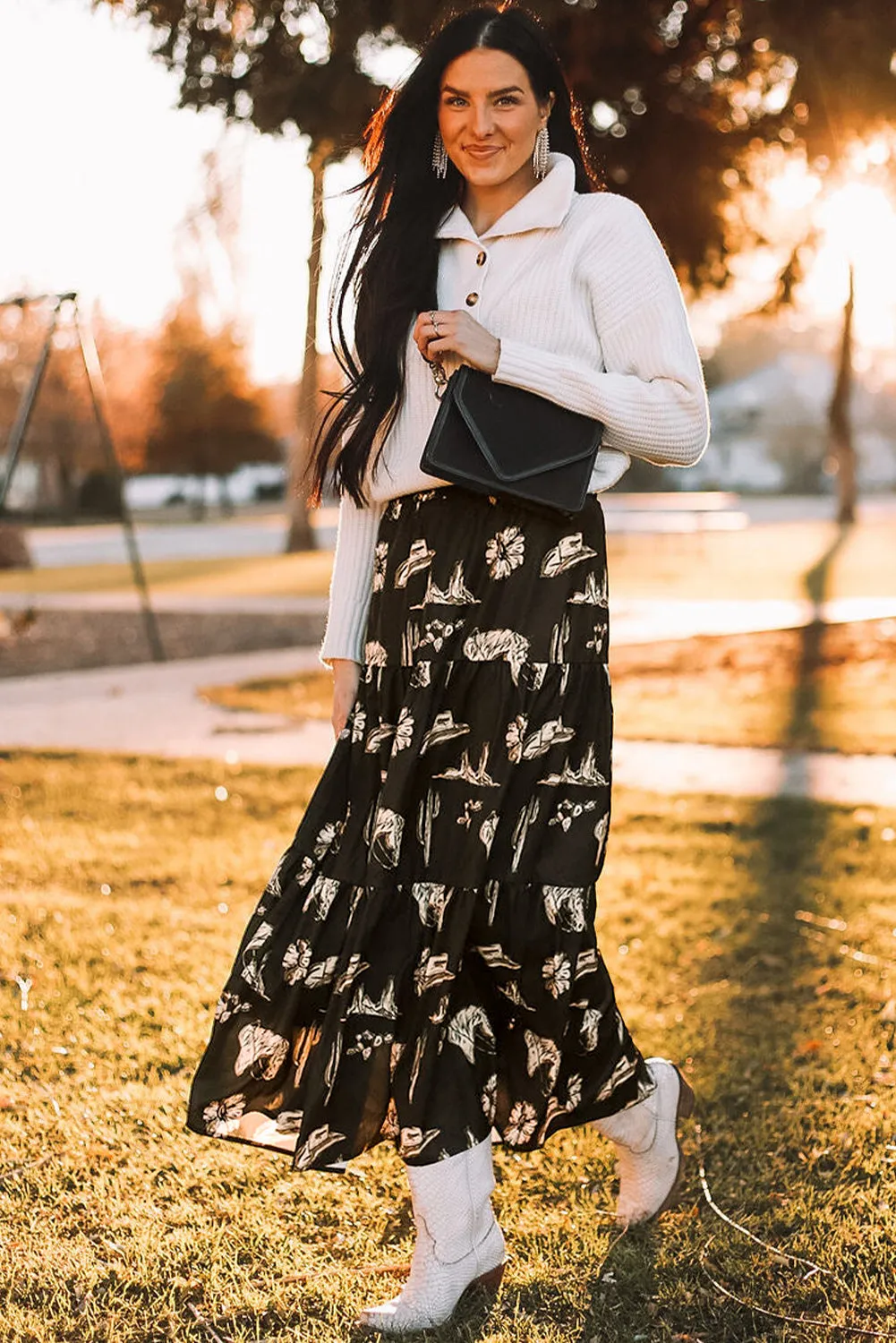 Black Western Print Tiered Ruffled High Waist Maxi Skirt