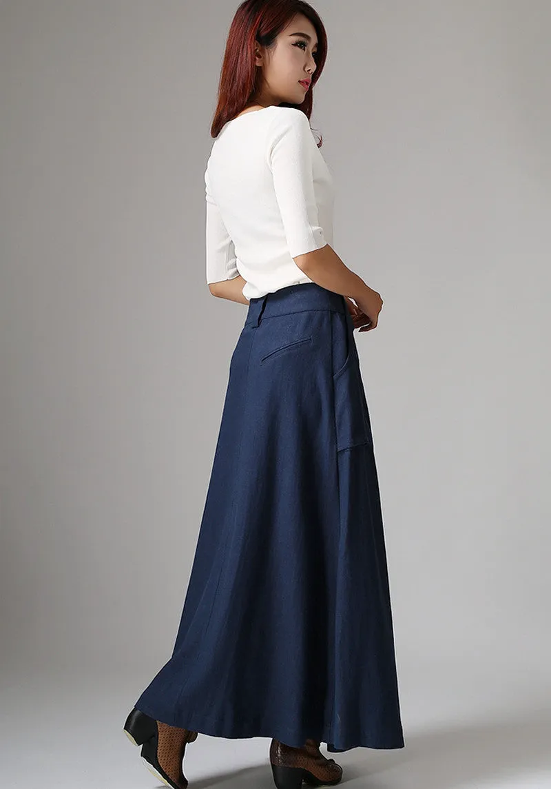 Blue maix long skirt with big pockets detail 1036#