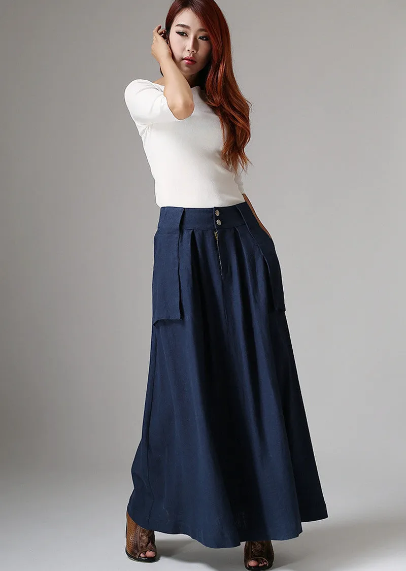 Blue maix long skirt with big pockets detail 1036#