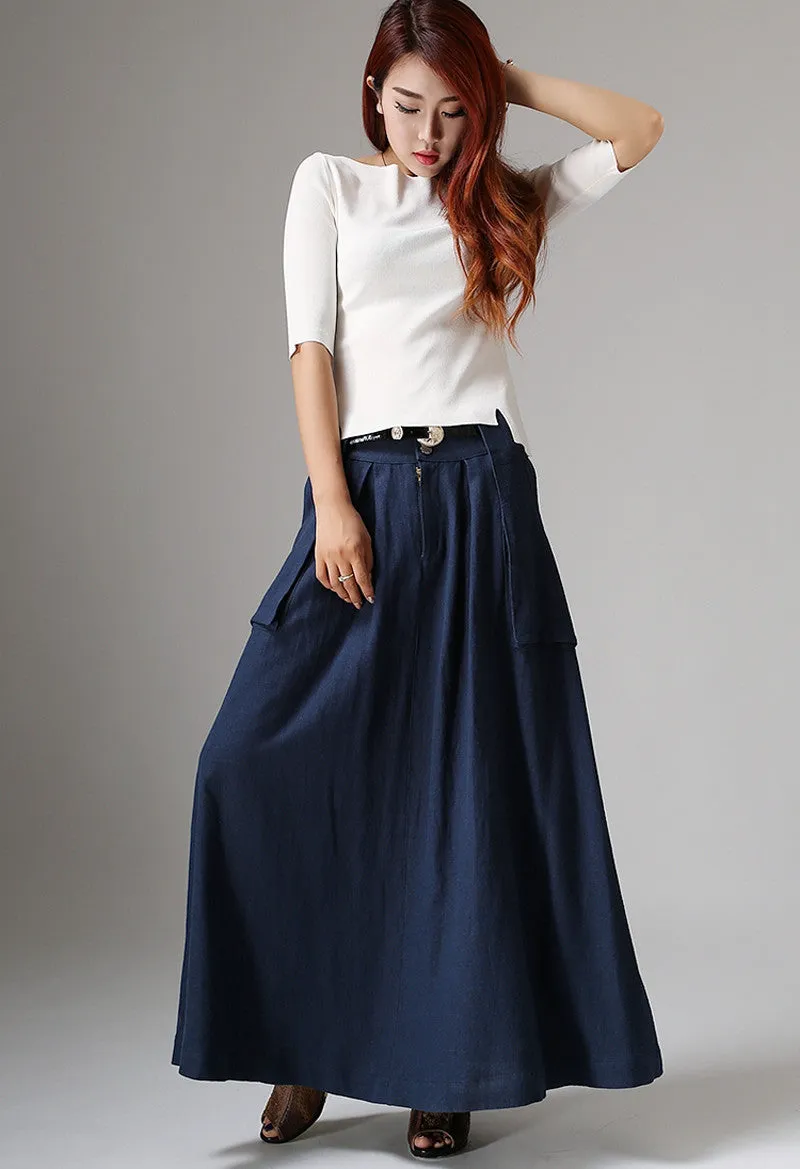 Blue maix long skirt with big pockets detail 1036#