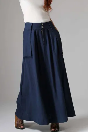 Blue maix long skirt with big pockets detail 1036#