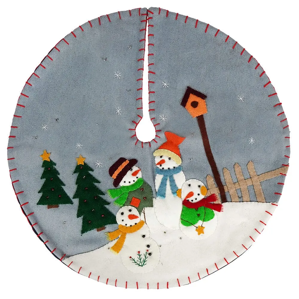 Blue Tree Skirt With Four Snowmen & Birdhouses