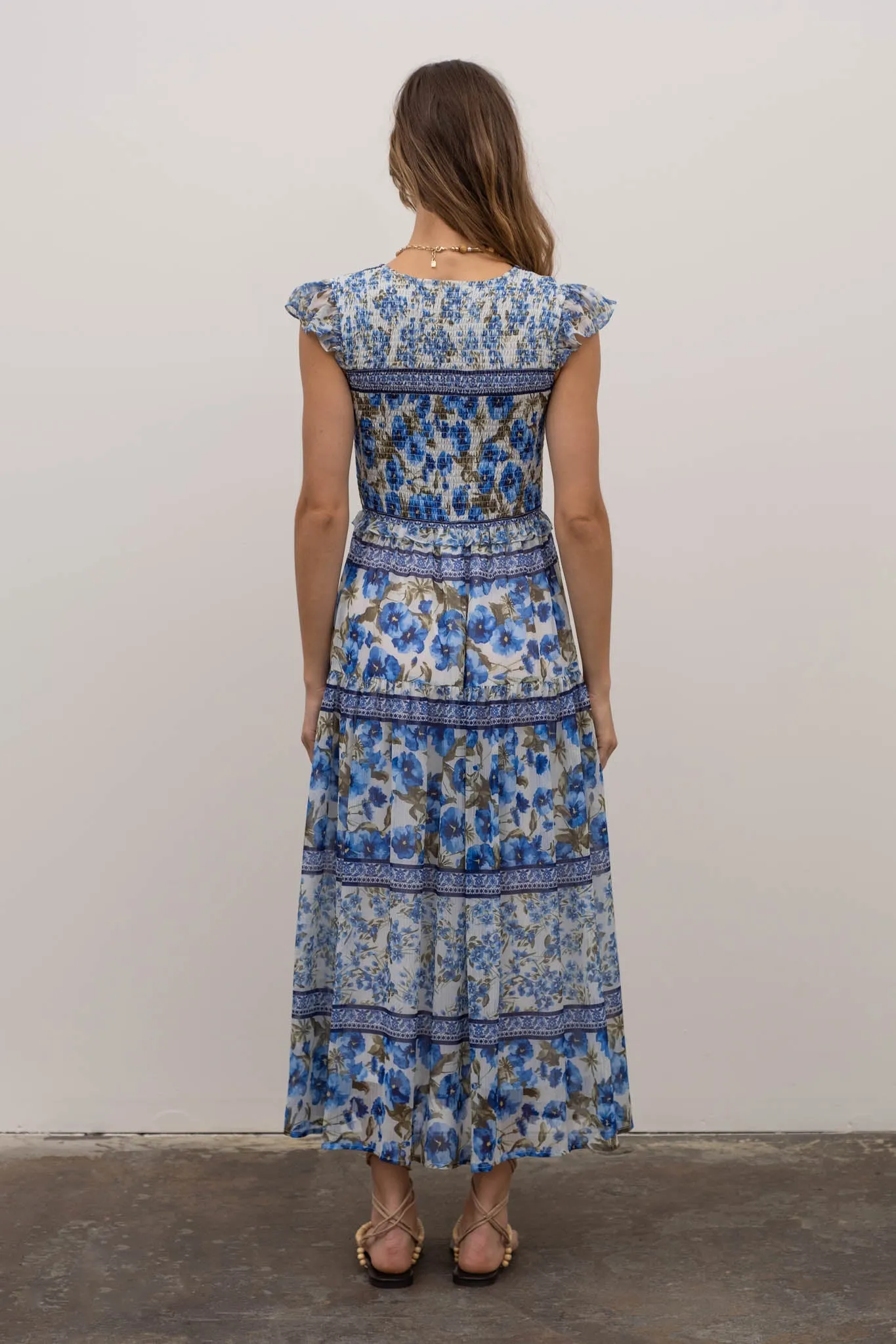 Boarder Print Blue Floral Midi Dress