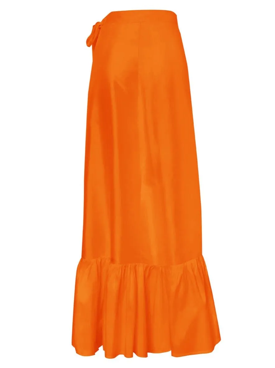 Calypso Silk Taffeta Wrap Maxi Skirt - Tangerine