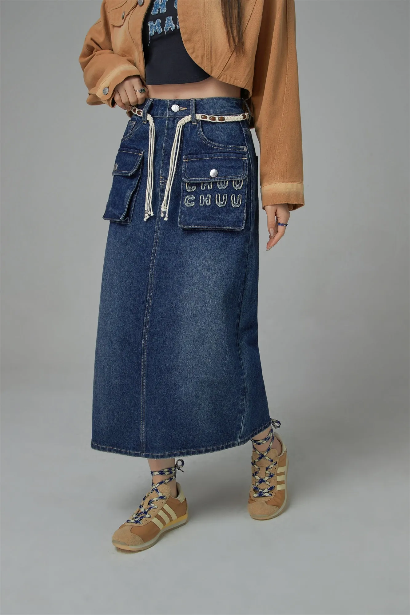 Cargo Pocket Denim Maxi Skirt