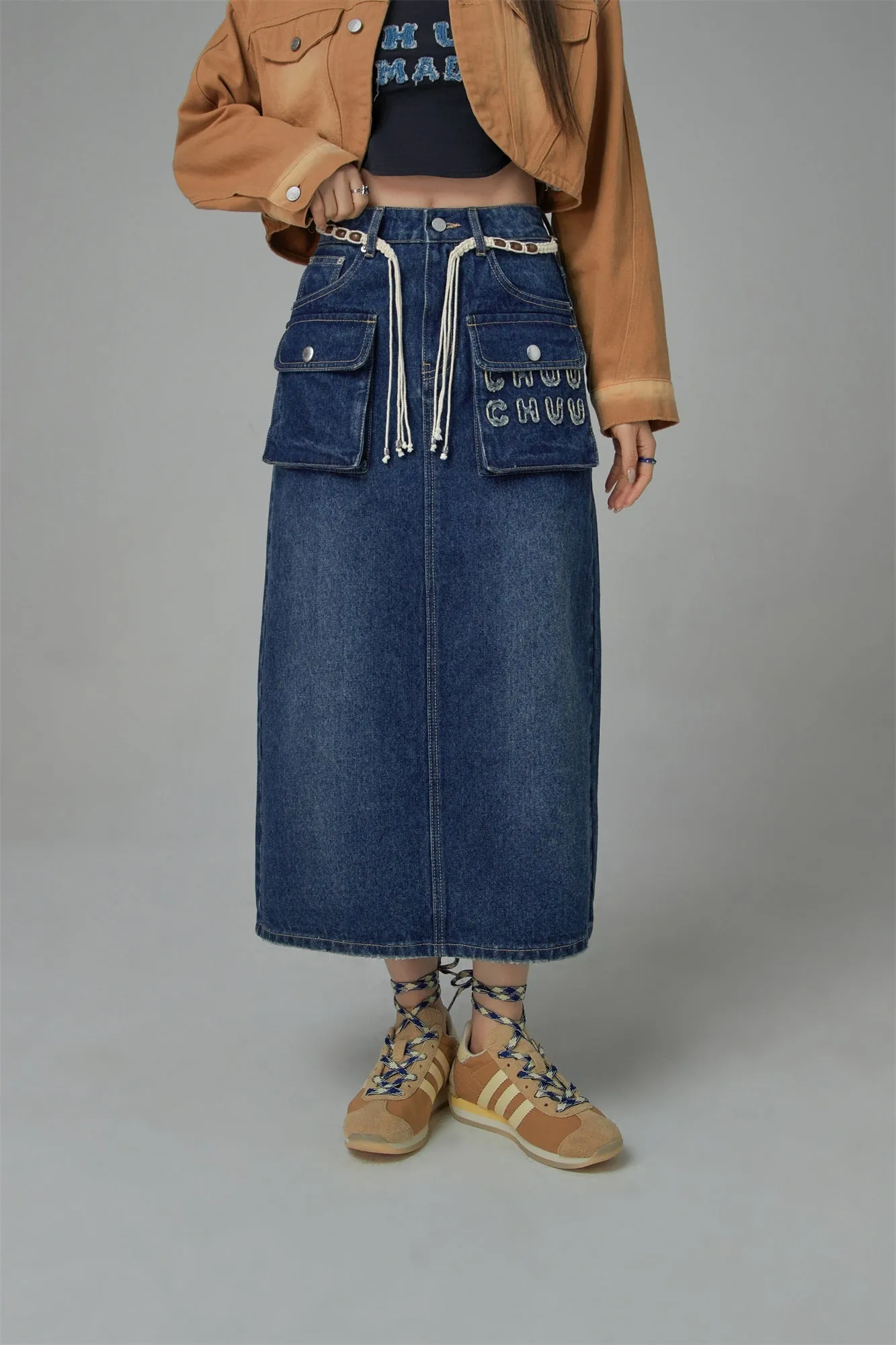 Cargo Pocket Denim Maxi Skirt